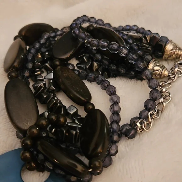 Vtg Twisted Multi-strand Acrylic Hematite Beaded Shell Pendant Festival Necklace - Picture 7 of 7